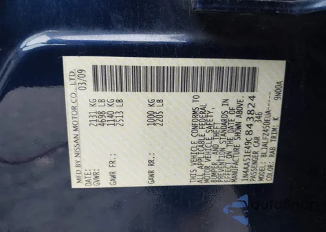 2009 Nissan Maxima 3.5 Sv from USA, damaged, VIN 1N4AA51E49C843824